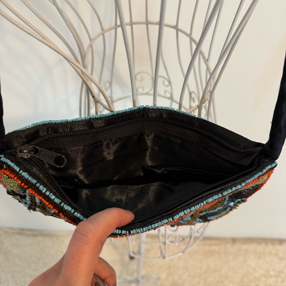 Vintage half moon shoulder bag Cristal embellished fabric with zip black gold - Picture 3 of 7